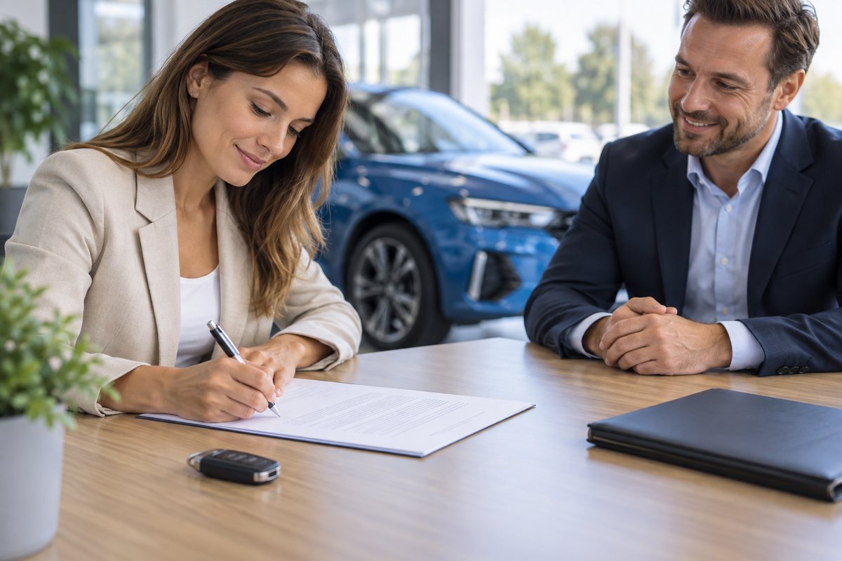 Klant ondertekent een document bij een leaseadviseur, met autosleutel op tafel