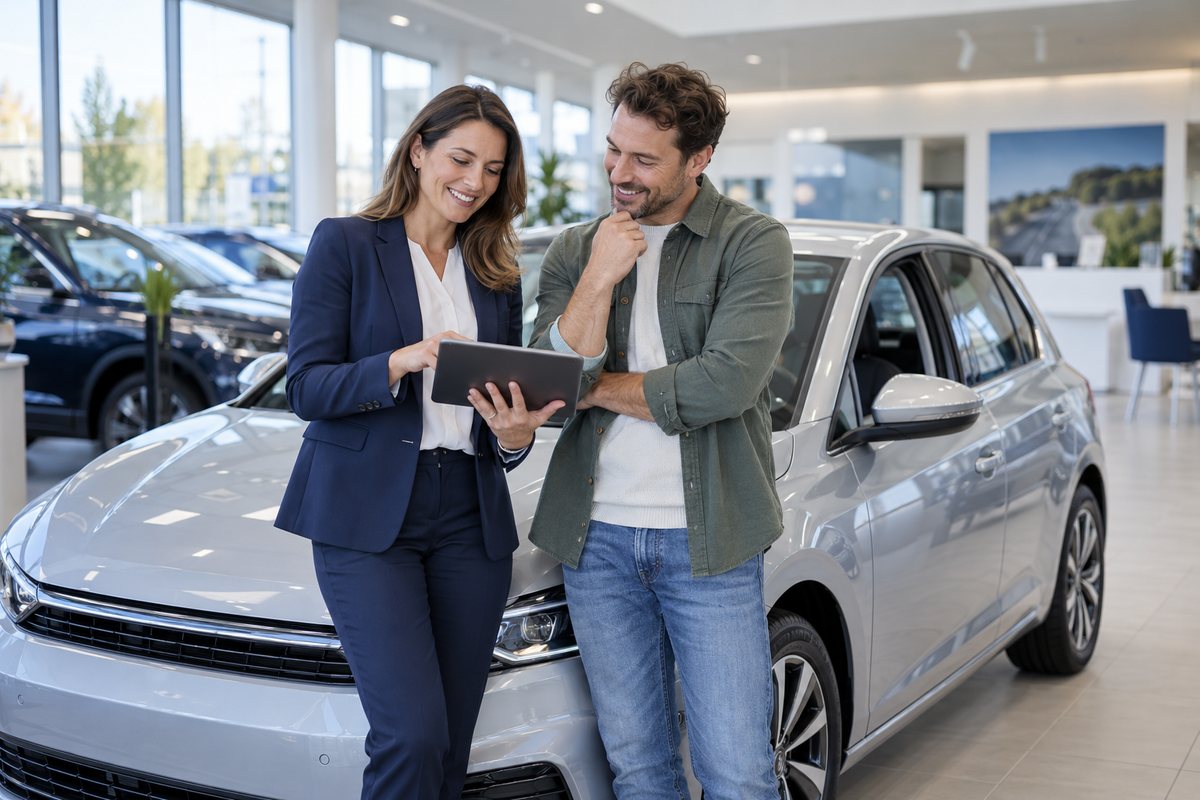 Adviseur bespreekt samen met een ondernemer een auto bij het autobedrijf