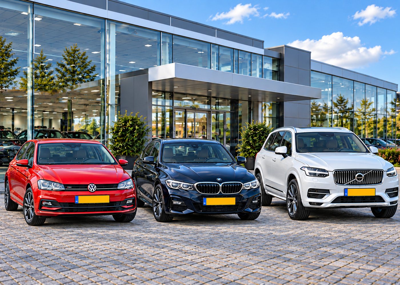 Volkswagen, BMW en Volvo met gele kentekens bij een showroom